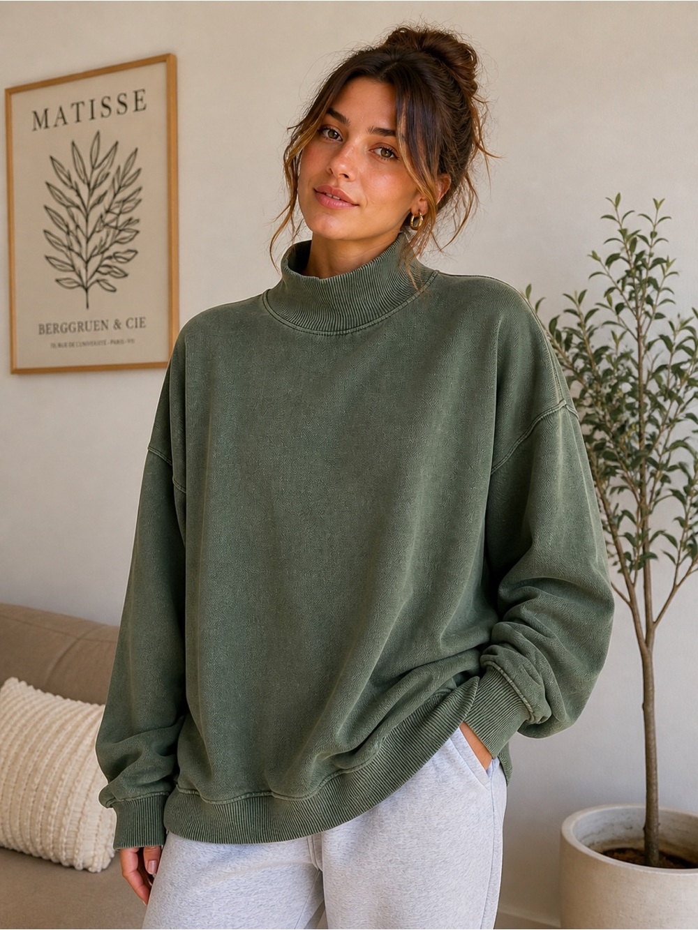 Aerie Washed Olive Green Mock Neck Sweatshirt | Size S